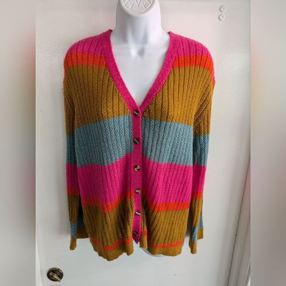 Dee Elly Pink green orange Knit Open Front button Cardigan medium - Picture 5 of 8